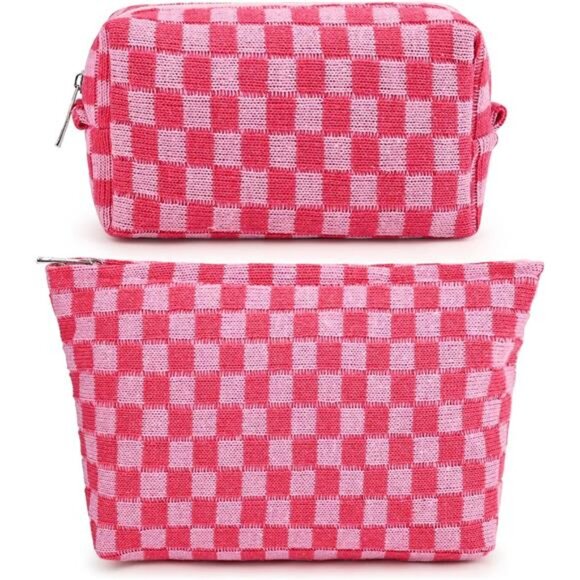 2 Pieces Makeup Bag Large Checkered Cosmetic Bags Travel Toiletry Organizer Set - Picture 1 of 8